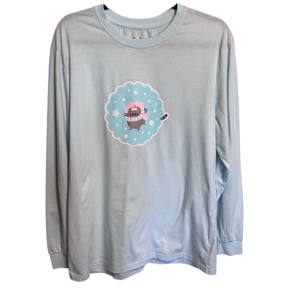 Pusheen- Light Blue Screen Print Cat Lover Long Sleeve T Shirt, Size Large